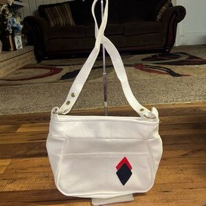 Vintage (1970’s) ~ White W/ Red & Blue Patches ~ Faux Leather Purse Handbag ~New